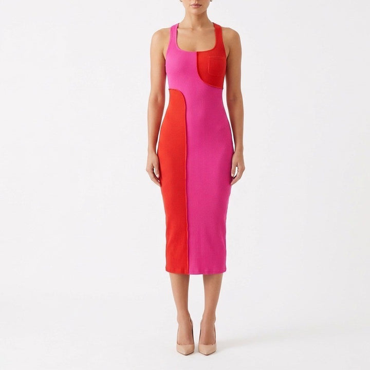Naked Wardrobe Pink Red Colorblock Ribbed Midi Dress Small Sleeveless