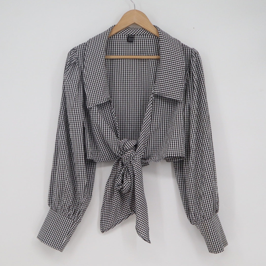 SHEIN Black White Gingham Tie Front Crop Top Puff Sleeve Notched Collar L 8/10