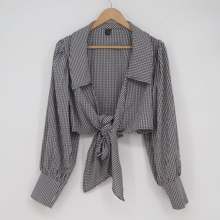 SHEIN Black White Gingham Tie Front Crop Top Puff Sleeve Notched Collar L 8/10