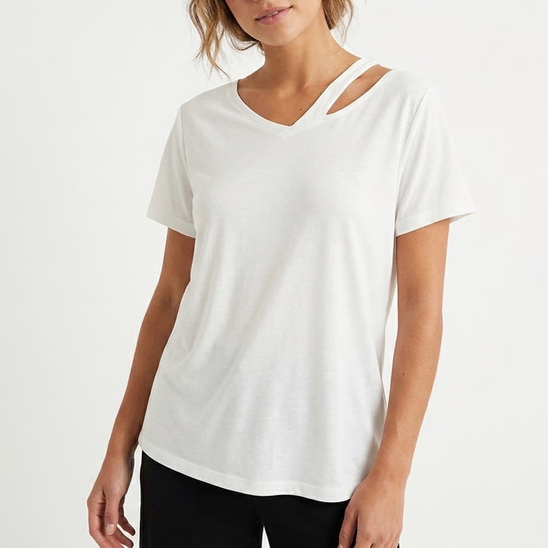Shein T Shirt Womens Large 8/10 White Soft Jersey Knit V Neck Casual Wear Top