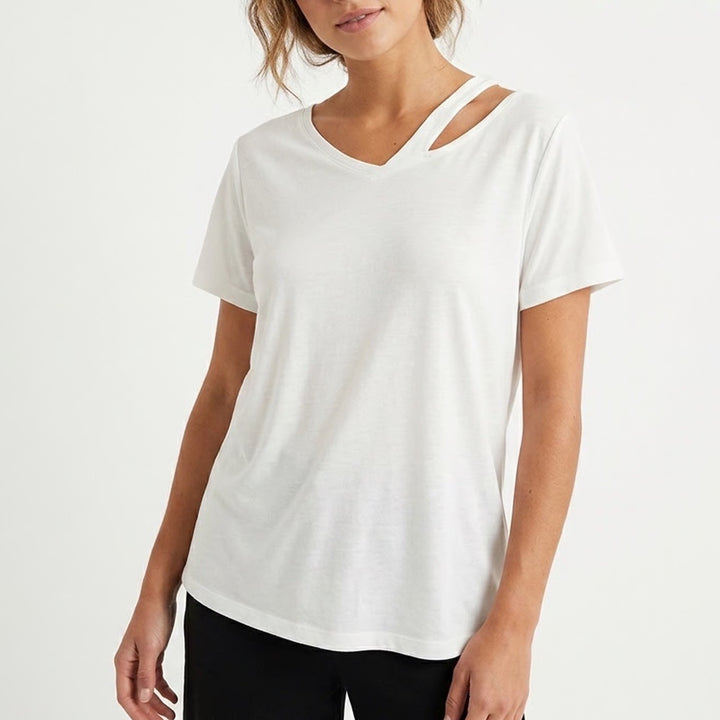 Shein T Shirt Womens Large 8/10 White Soft Jersey Knit V Neck Casual Wear Top