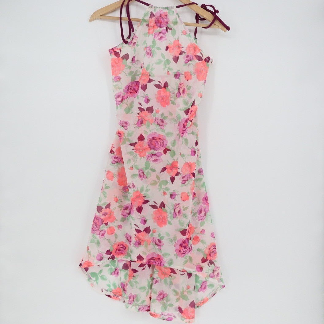 Betsey Johnson Dress Womens Small White Floral Sheer Halter Neck High-Low Hem
