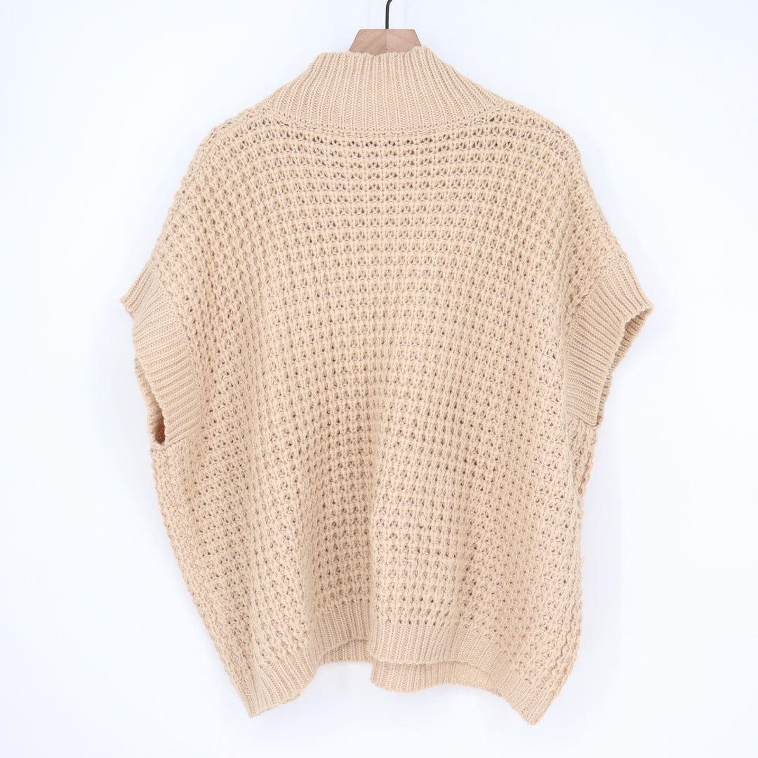 Unbranded Beige Chunky Open Knit Mock Neck Oversized Sweater Vest 7905