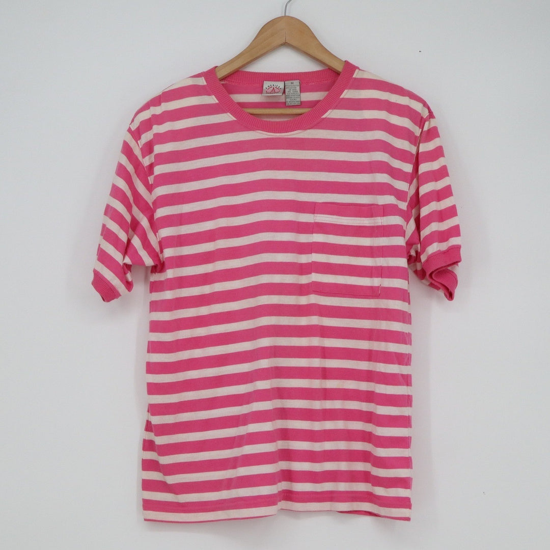 American Weekend Vintage Striped Pocket T-Shirt Pink White Mens Medium
