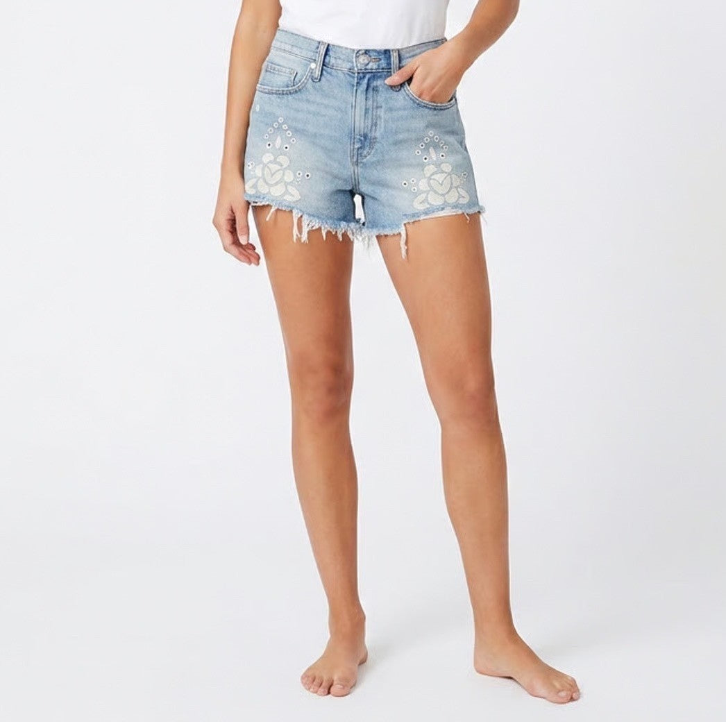 Chelsea & Violet Floral Embroidered Eyelet Denim Shorts Light Wash Size 25