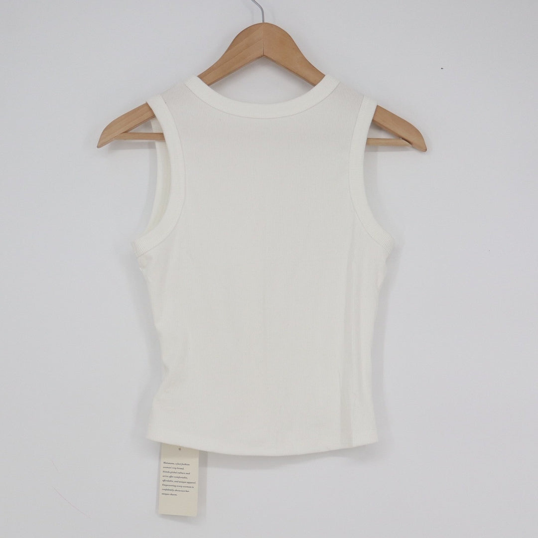 Matunana Womens Ribbed Tank Top White Button Back Sleeveless Crew Neck Small NEW