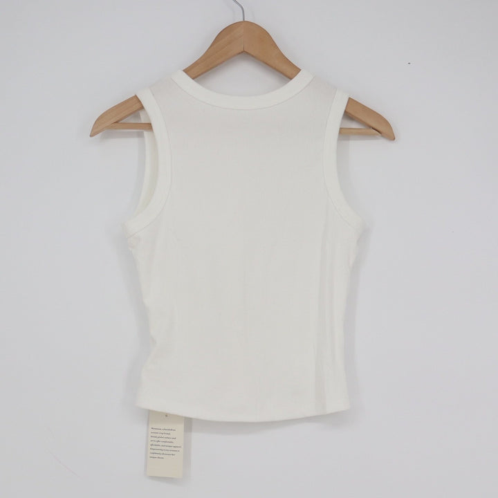 Matunana Womens Ribbed Tank Top White Button Back Sleeveless Crew Neck Small NEW