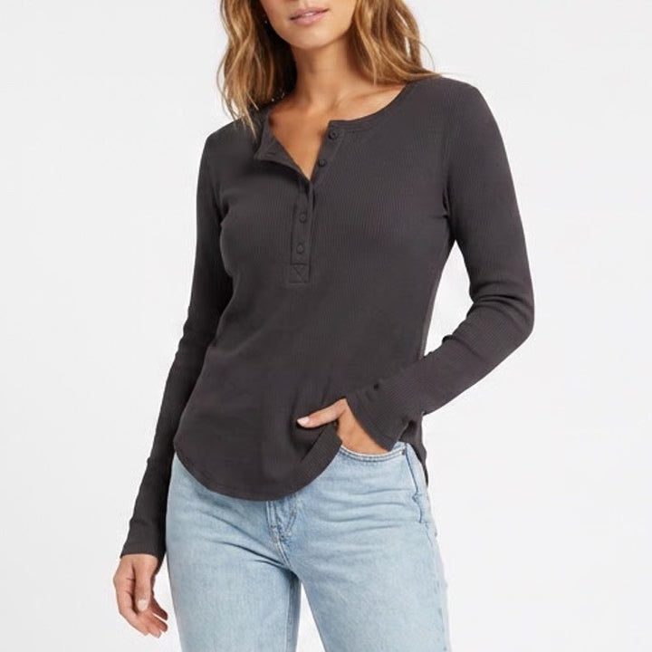 Z Supply Organic T-Shirt Womens Medium Black Cotton Long Sleeve Henley Neck