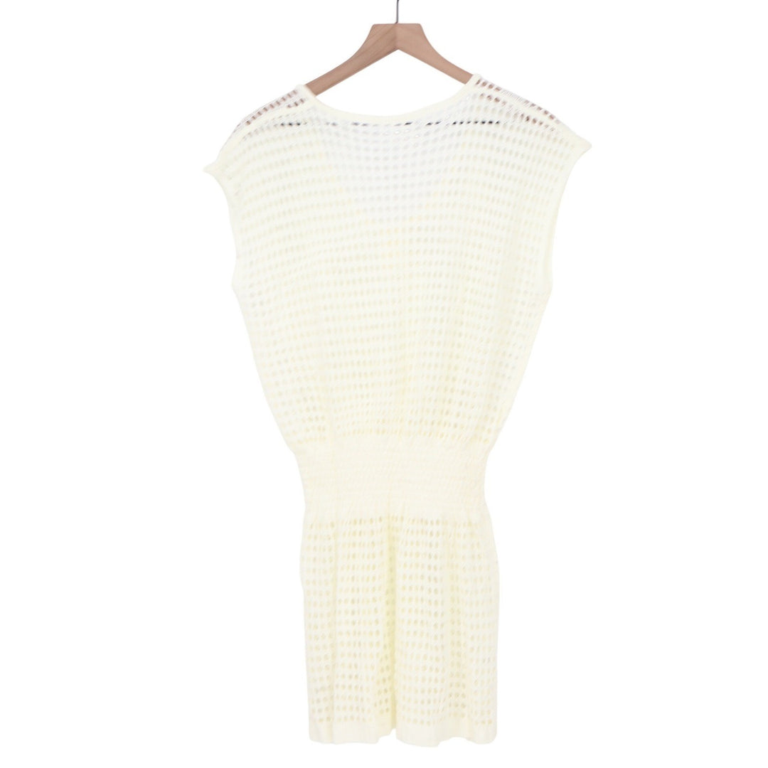 Cream Crochet Open Knit Swim Cover Up Dress Smocked Waist One Size V-Neck Tunic