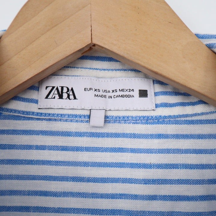 Zara Linen Button-Down Womens XS 4387/054/044 Blue White Striped Excellent