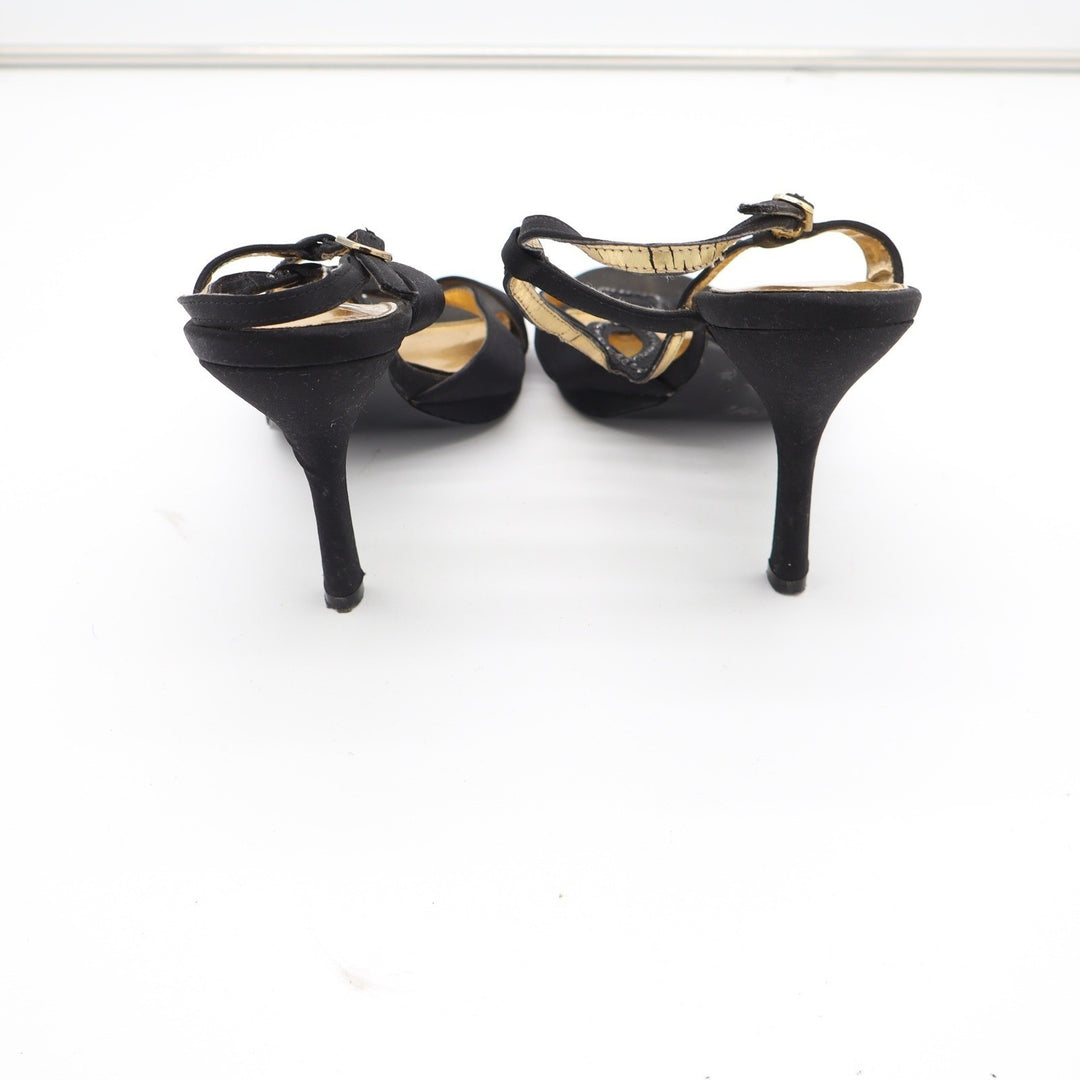 The Touch of Nina Womens Black Satin Rhinestone T-Strap Stiletto Heels Size 8.5