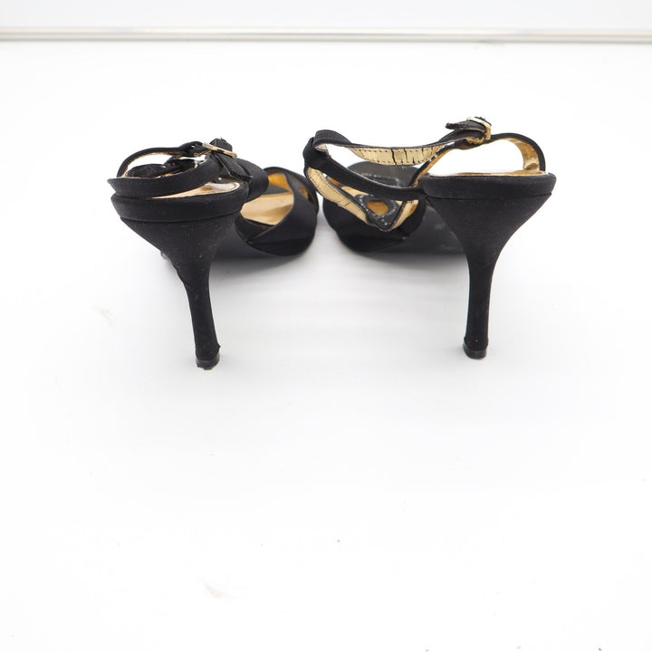 The Touch of Nina Womens Black Satin Rhinestone T-Strap Stiletto Heels Size 8.5