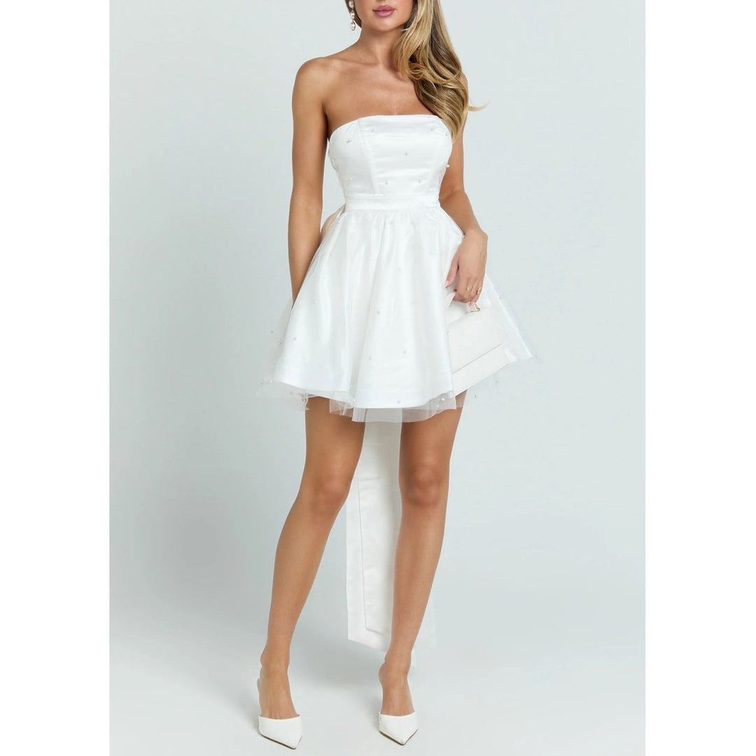 Showpo Cailene Ivory Strapless Pearl Mini Dress with Bow Train Size 12
