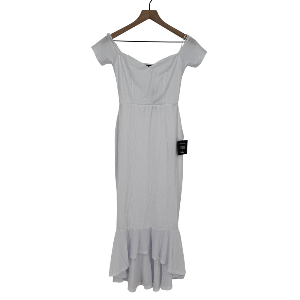 Light gray off-shoulder dress on a hanger against a white background