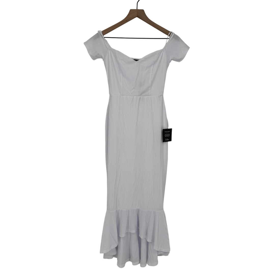 Light gray off-shoulder dress on a hanger against a white background