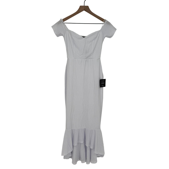 Light gray off-shoulder dress on a hanger against a white background