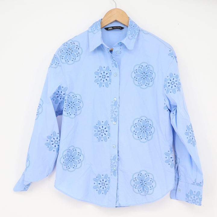 Zara Button-down Womens XS Eyelet Floral Blue Embroidered Cotton Excellent
