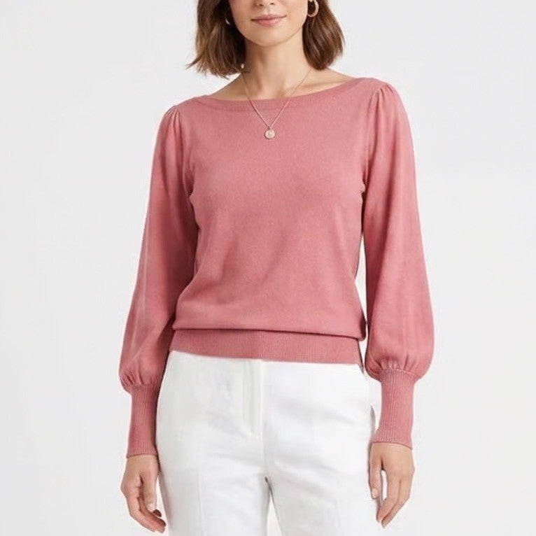 Ann Taylor Factory Rose Pink Puff Shoulder Boat Neck Sweater Women's Medium