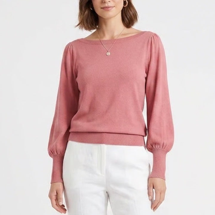 Ann Taylor Factory Rose Pink Puff Shoulder Boat Neck Sweater Women's Medium