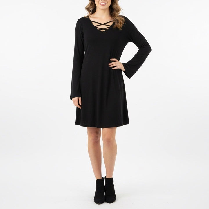 NO COMMENT Black Long Sleeve Lattice V Neck Mini Dress Size M
