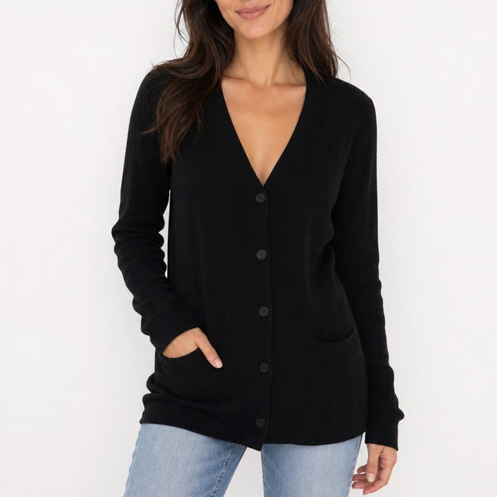 Womens Black Longline Button Front V-Neck Cardigan Sweater with Pockets Size S