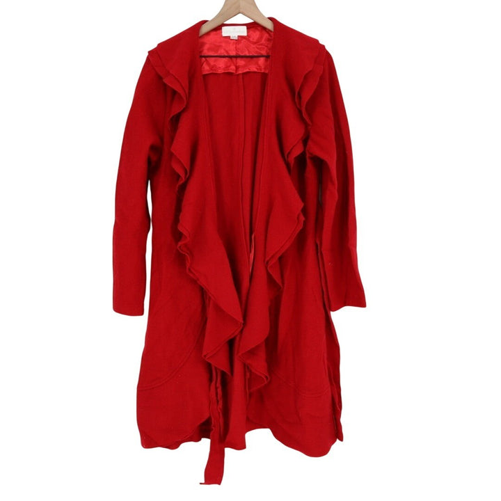 Soft Surroundings Cardigan Sweater Womens L Red Wool Layered Ruffle Open Front