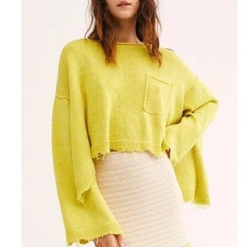 Free People Prism Sweater Women Medium Lemon Yellow Tight Knit Raw Hem Oversized