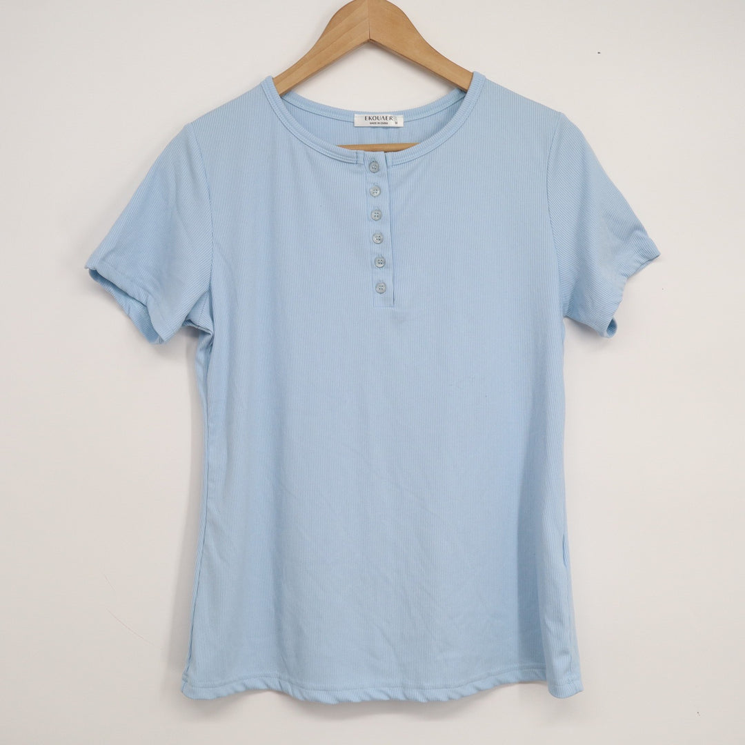 Ekouaer Womens Light Blue Ribbed Henley Short Sleeve Top Size M
