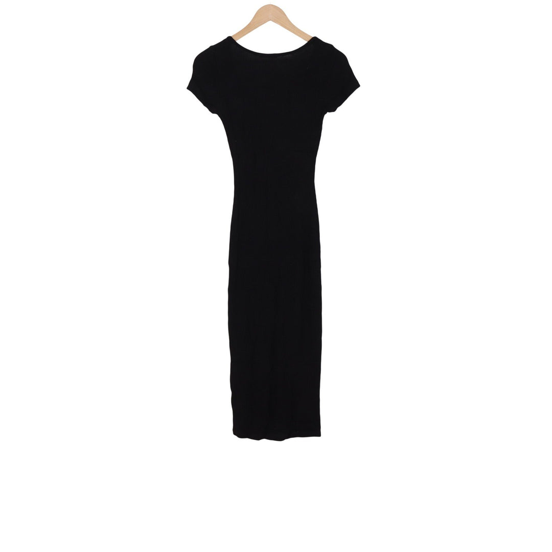 Popular Basics Dress Womens S Bodycon Midi Black Ribbed Scoop Neck Excellent