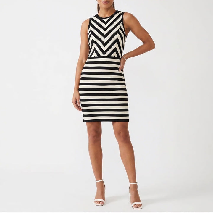 LOFT Black White Striped Chevron Sleeveless Sheath Dress Size 12 Zip Back