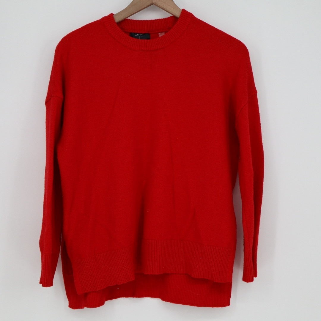 Tahari Sweater Womens Medium Red Knit Ribbed High Low Hem Crew Neck Long Sleeve