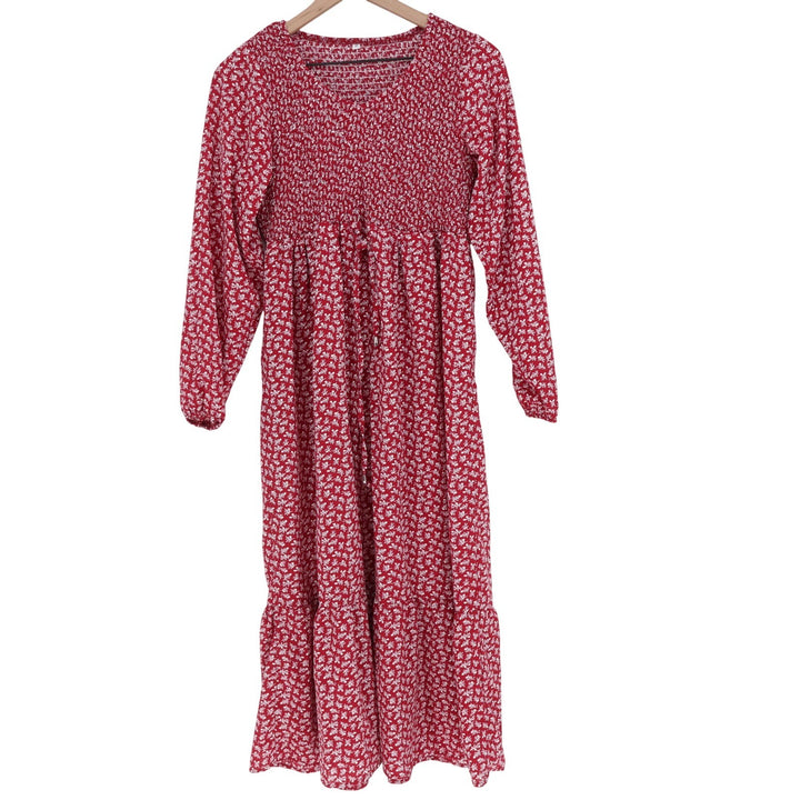 Unbranded Red Floral Smocked Tiered Midi Dress Long Sleeve Medium Boho