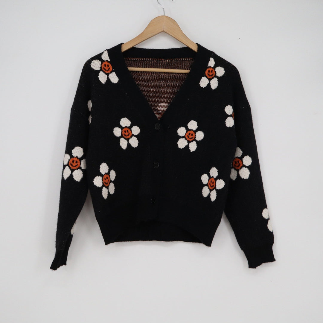Black Smiley Face Daisy Floral Knit Cardigan V-Neck Button Front Sweater