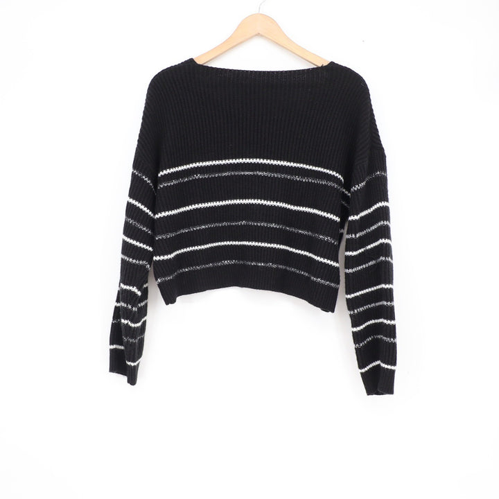 Black Striped V-Neck Cropped Sweater Ribbed Knit Long Sleeve Relaxed Pullover
