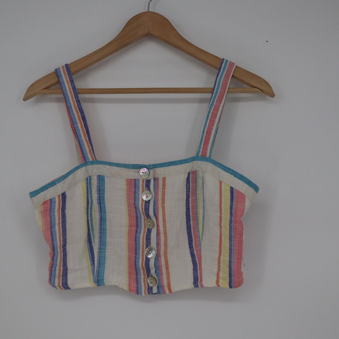 Forever 21 Contemporary Rainbow Stripe Button Front Crop Top Medium Multicolor