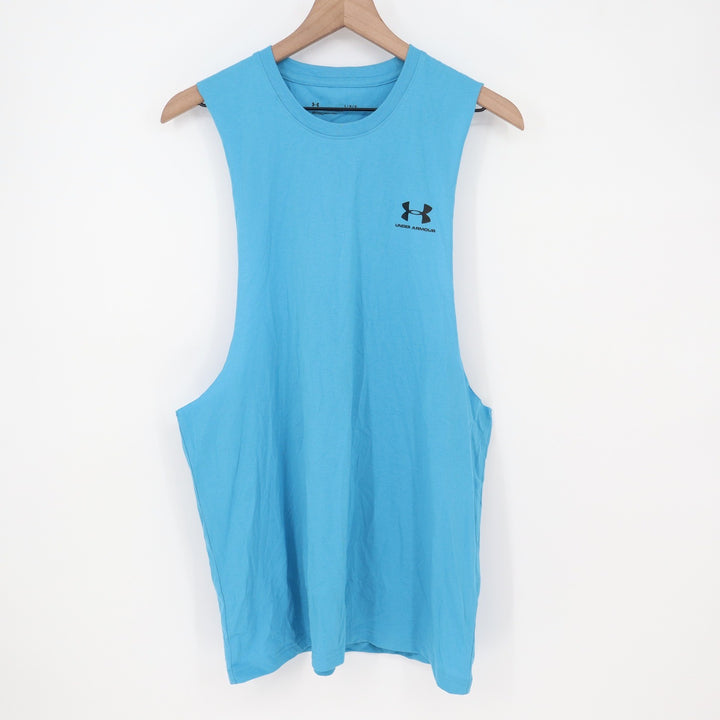 Under Armour Mens Left Chest Cut Off Tank Blue Loose Fit Muscle Tee