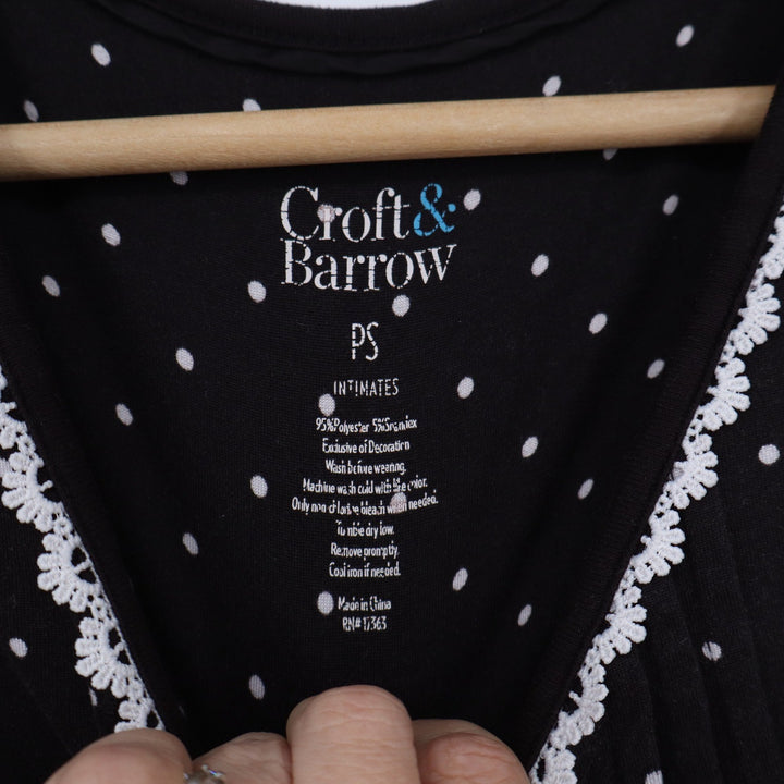 Croft & Barrow Womens Petite Small Black Polka Dot Pajama Set Lace Trim PS 10701