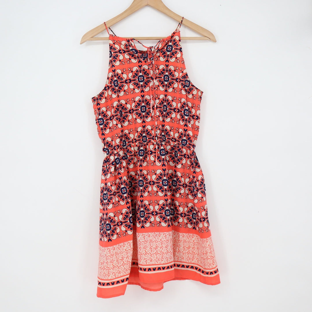 E&M Dress Women's S Coral Geometric Medallion Print Halter Mini Good