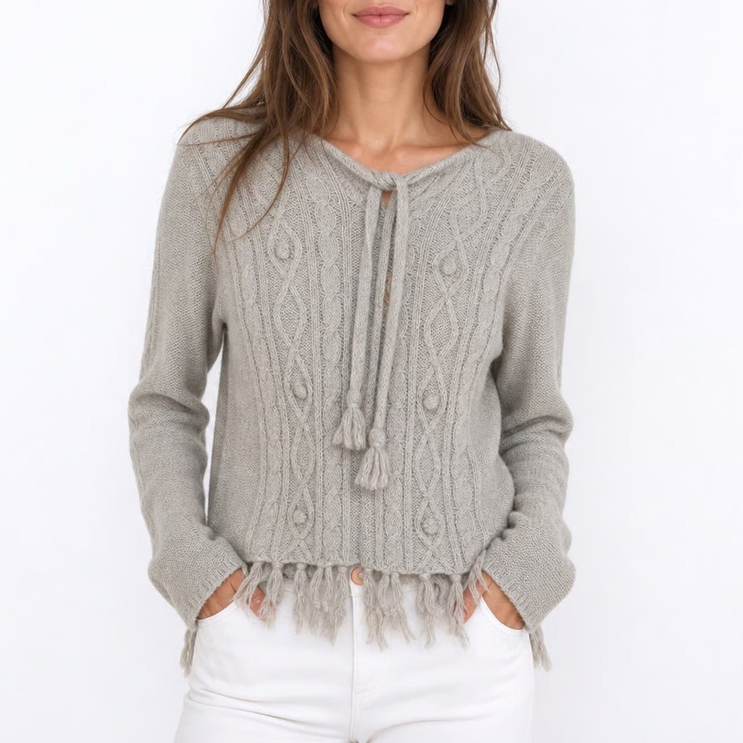 Prana Womens Oatmeal Beige Cable Knit Wool Blend Fringe Cardigan Sweater Size L