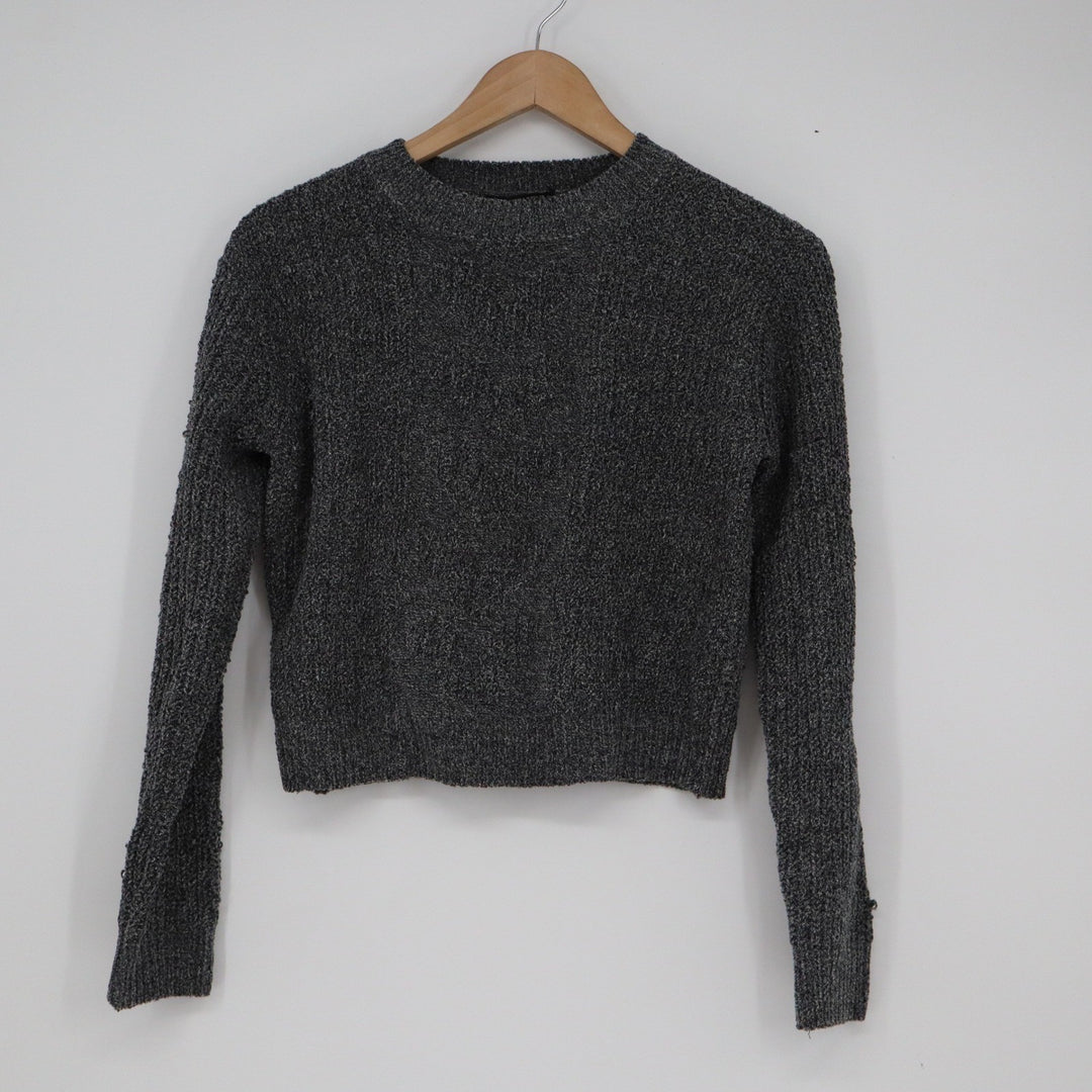 Zara Womens Charcoal Grey Textured Boucle Knit Cropped Crew Neck Sweater Size M
