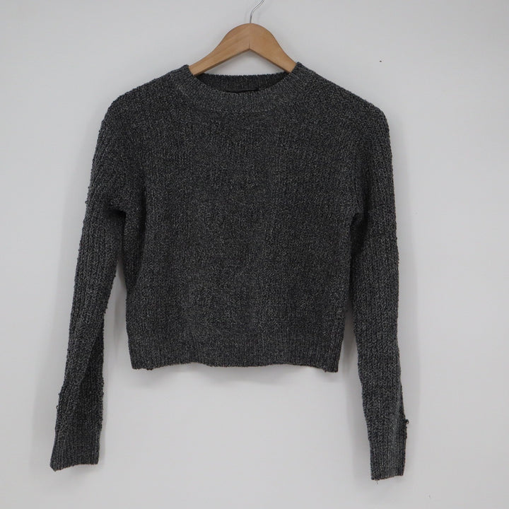 Zara Womens Charcoal Grey Textured Boucle Knit Cropped Crew Neck Sweater Size M