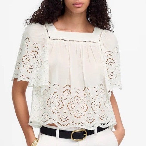 Madewell T-Shirt Womens XL White Flutter Sleeve Squareneck Scalloped Lace Trim