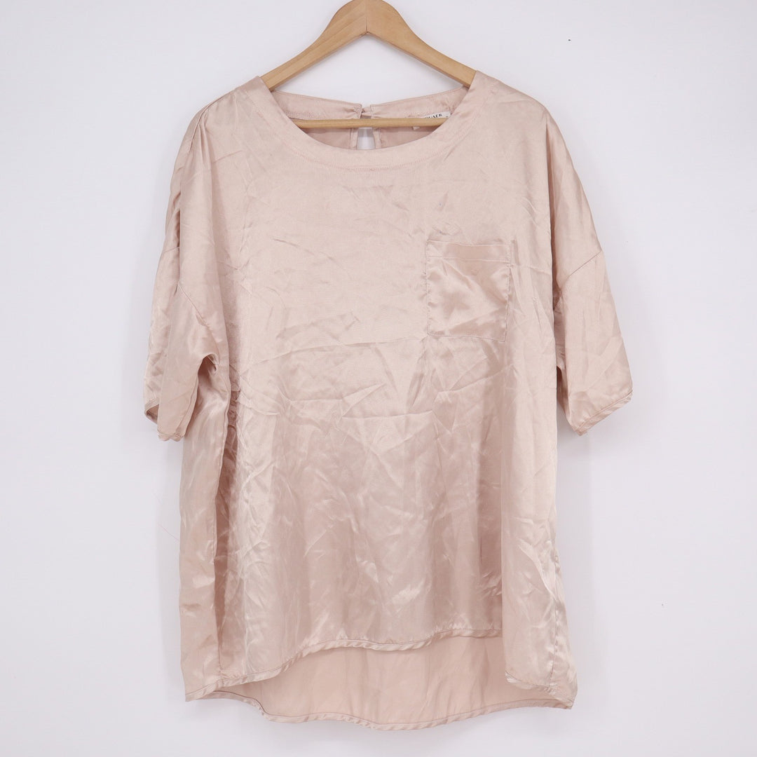 Ekouaer Womens XL Satin Short Sleeve Blouse Champagne Pink Pocket High Low Top