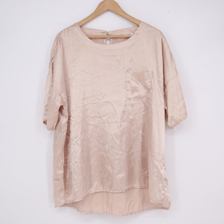 Ekouaer Womens XL Satin Short Sleeve Blouse Champagne Pink Pocket High Low Top