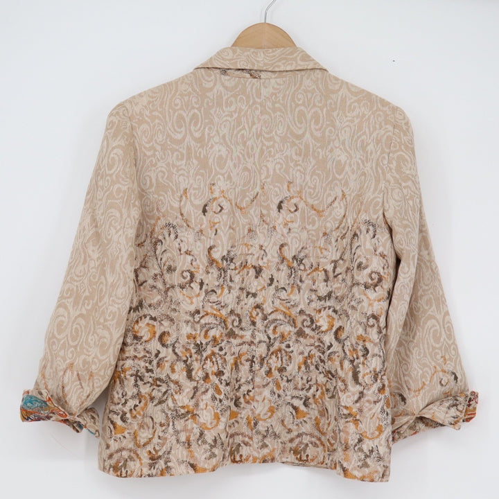 Coldwater Creek Womens 6 Linen Blend Embroidered Jacquard Blazer Tan Floral