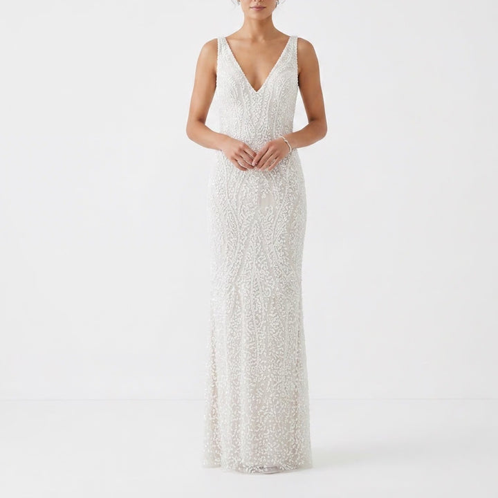 DB Studio Womens Sequin Beaded V-Neck Gown Ivory Nude Size 8