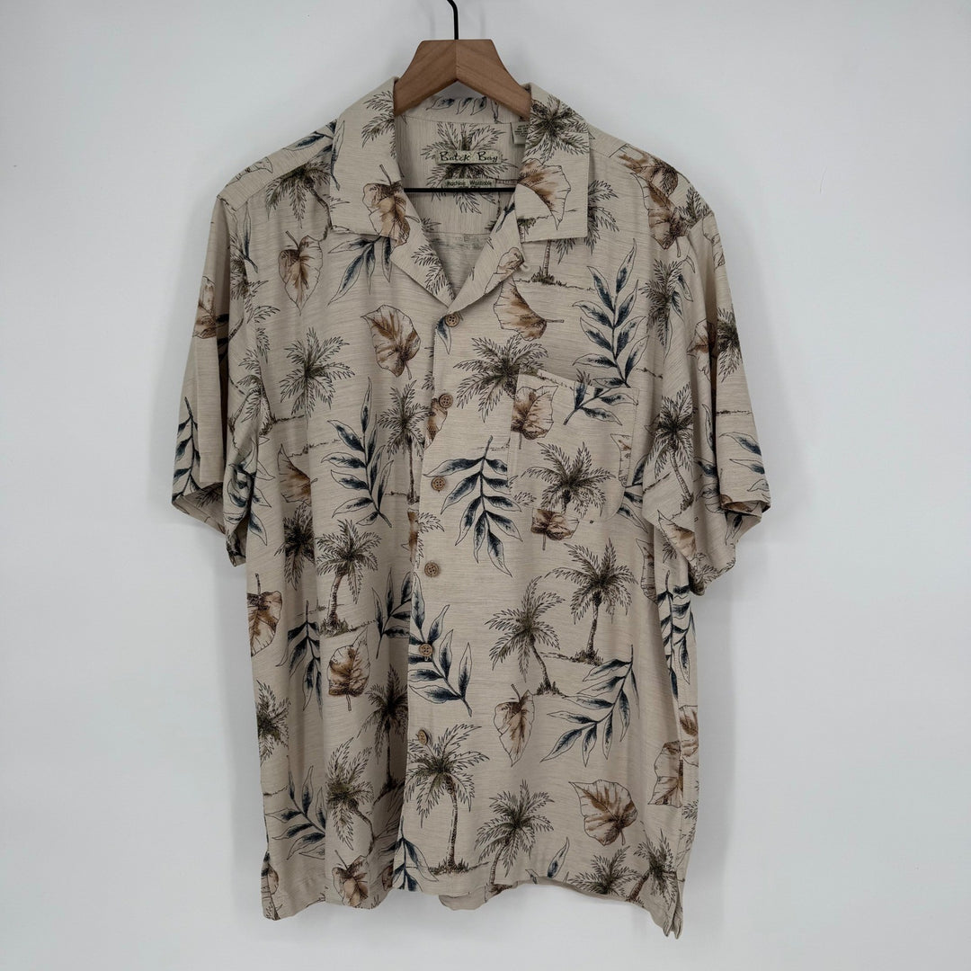 Batck Bay Mens Silk Hawaiian Shirt Tropical Palm Tree Print Button Up Size L