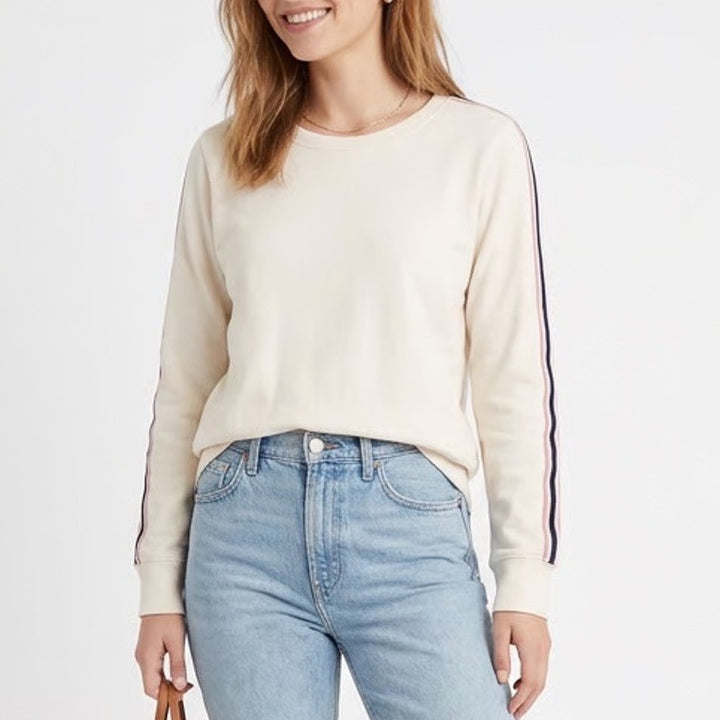 Lou & Grey Sweatshirt Women Medium Cream Stripe Detail Cotton French Terry Lined