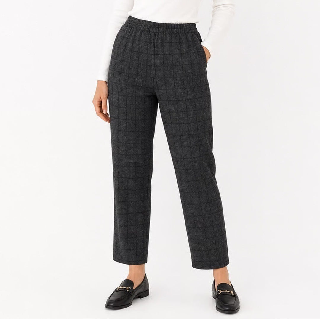 A New Day Womens Charcoal Grey Plaid Pull On Straight Leg Trousers Size L