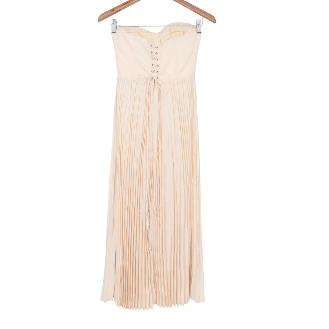 Showpo Loretta Midi Dress Cream Lace Up Back Bustier Pleated Strapless Size 4